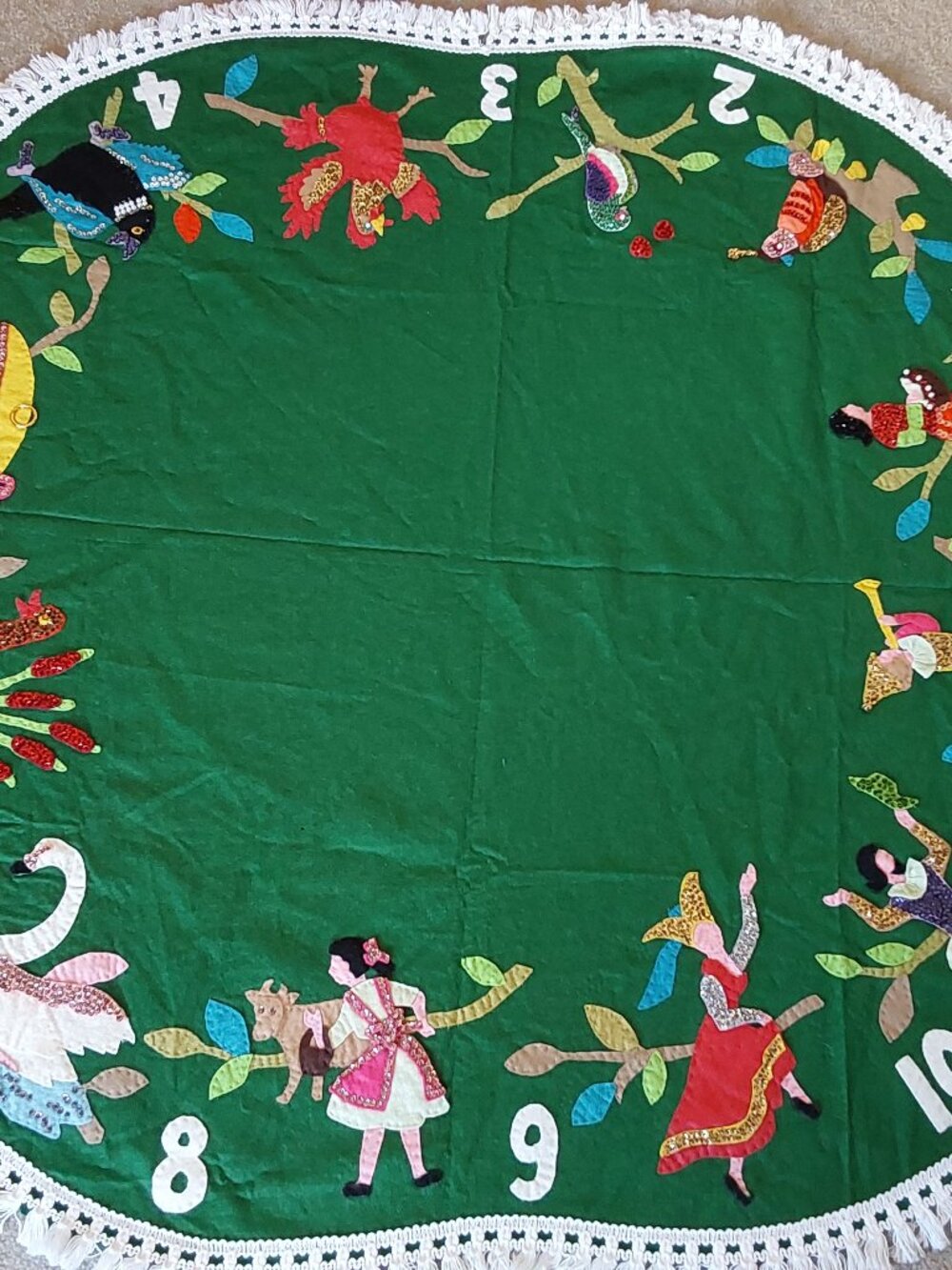 Vintage handmade 12 days of Christmas felt tablecloth with sequins 1960s